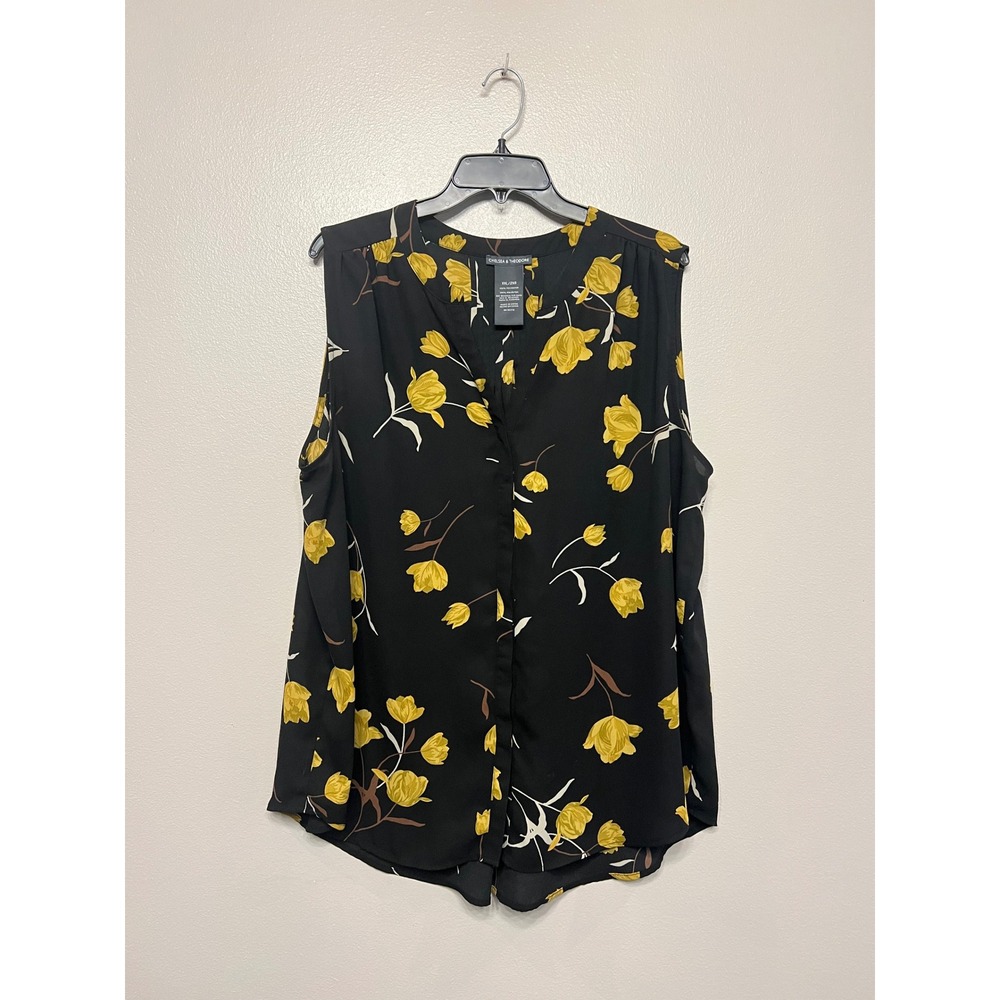 Chelsea & Theodore Womens XXL Black Yellow Floral Tulip Sleeveless Blouse Top
